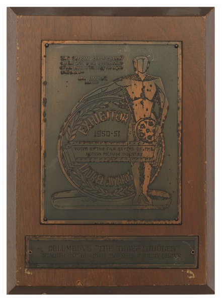 Moe Howard's Laurel Award, Awarded to The Three Stooges for Two-Reel Comedies From 1950-1951 -- Plaque Measures 6.75'' x 9.25'' -- Some Nicks to Wood & Mild Tarnishing to Metal, Overall Very Good